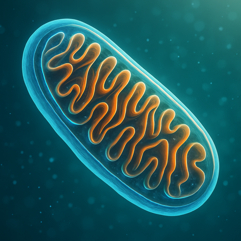 Illustration of a mitochondrion showing its inner folded membrane structure, representing cellular energy production and mitochondrial function, used in Mitozz educational content curated by Mani Agrawal, Guillermo Ceballos, and Francisco Villarreal
