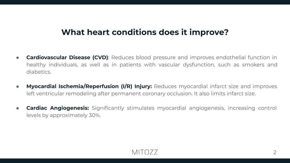 Medical chart showing heart conditions improved by epicatechin, including hypertension, endothelial function, and arterial flexibility.