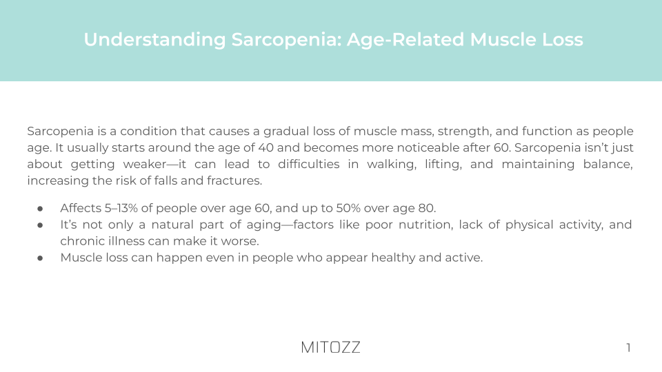 User Care slide explaining sarcopenia, age-related muscle loss, and how mitochondrial function and cellular energy influence strength and mobility, presented by Mitozz.