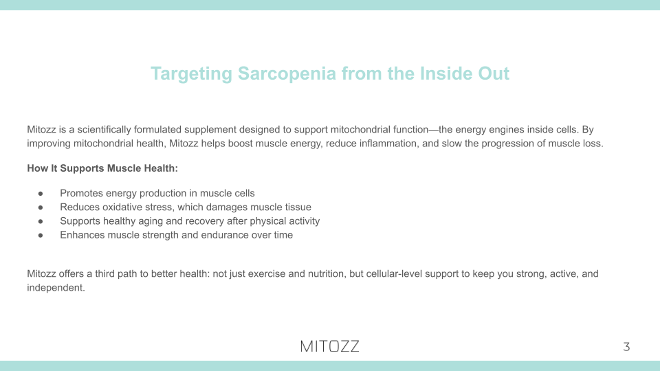 User Care slide showing how targeting sarcopenia through improved mitochondrial function and cellular energy may support muscle health from the inside out.