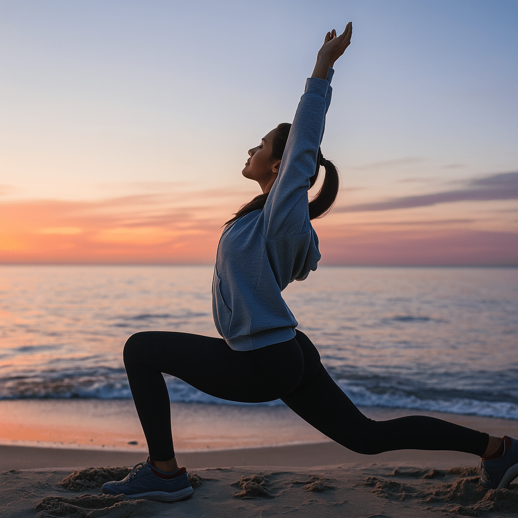 Person performing a stretching exercise outdoors at sunrise, illustrating physical activity as a natural signal that supports mitochondrial adaptation.