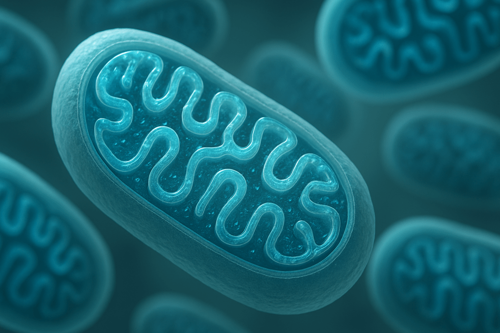 Abstract blue mitochondria illustration used in Mitozz Events to represent cellular energy and mitochondrial health.