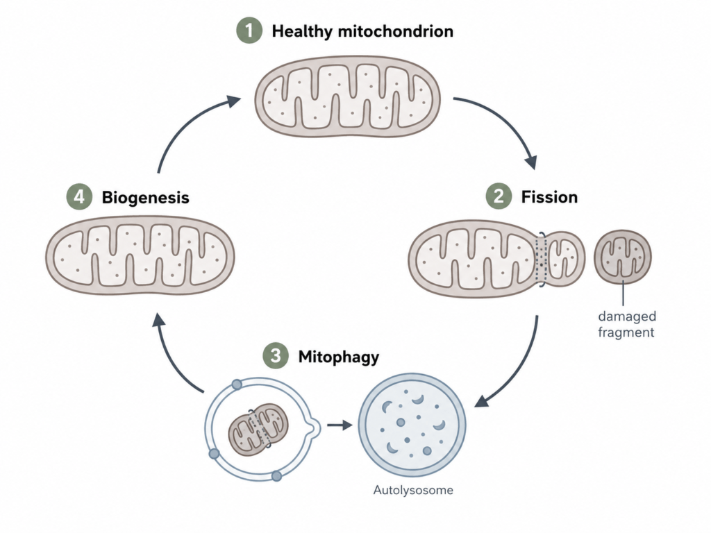 Scientific diagram of the mitochondrial quality control cycle showing mitophagy and biogenesis, illustrating how sleep supports cellular energy renewal, Mitozz, FMG Health Sciences, (-)-epicatechin