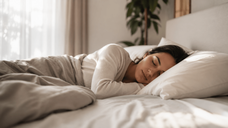 Person sleeping peacefully in a softly lit bedroom, representing the role of sleep in mitochondrial health and cellular energy recovery, Mitozz, FMG Health Sciences