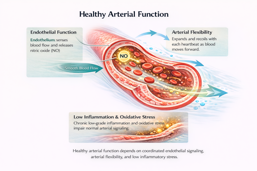 Illustration of a healthy artery showing endothelial signaling, arterial expansion and recoil with each heartbeat, and the impact of low inflammation and oxidative stress on arterial function.