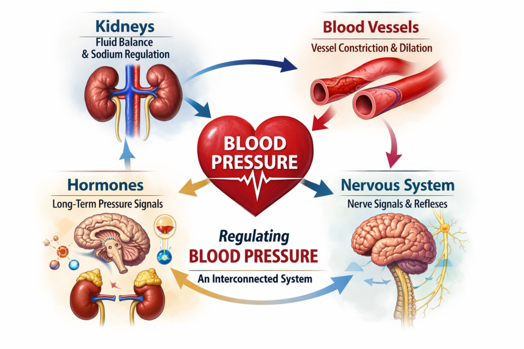 Diagram showing how blood pressure is regulated by interconnected systems, including the kidneys, blood vessels, hormones, and the nervous system.