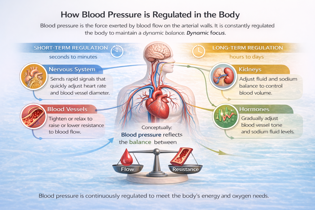 Diagram showing how blood pressure is regulated in the body through short-term and long-term systems. The nervous system and blood vessels provide rapid, short-term control by adjusting heart rate and vessel diameter, while the kidneys and hormones regulate blood volume and vessel tone over longer periods. A central balance illustrates blood pressure as a dynamic balance between blood flow and resistance.
