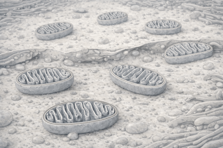 Cross-sectional view of a human cell interior showing multiple mitochondria embedded within the cytoplasm, with visible double membranes and folded cristae, surrounded by subtle cytosol texture, vesicles, and faint endoplasmic reticulum structures in muted, natural tones. sustained energy Mitozz Mani Agrawal