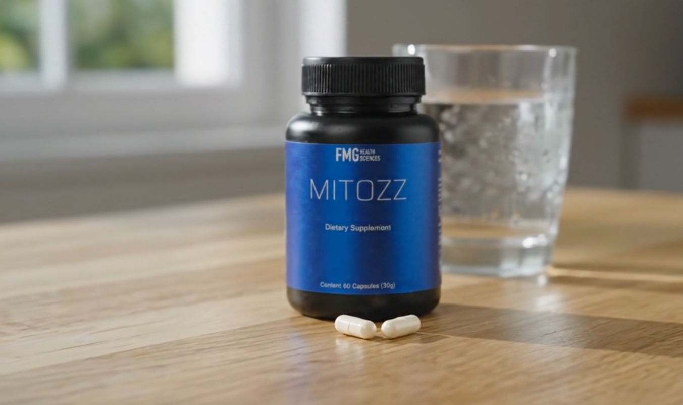 Mitozz bottle on a table with capsules and a glass of water.