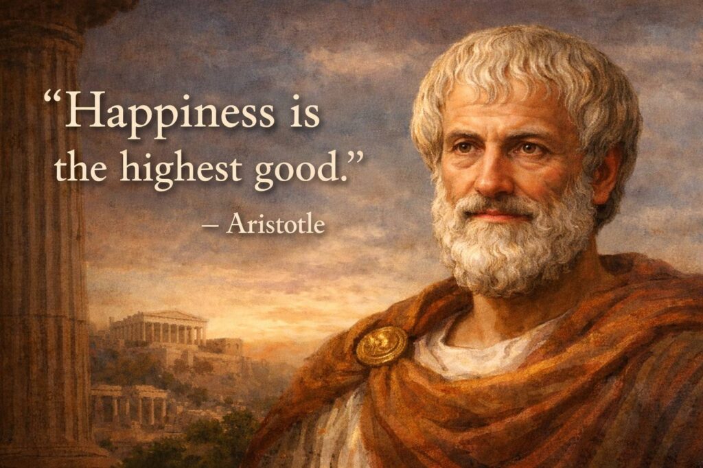 Aristotle quote “Happiness is the highest good” illustrating the relationship between well-being, mitochondrial energy, Mitozz, and (-)-epicatechin by FMG Health Sciences.