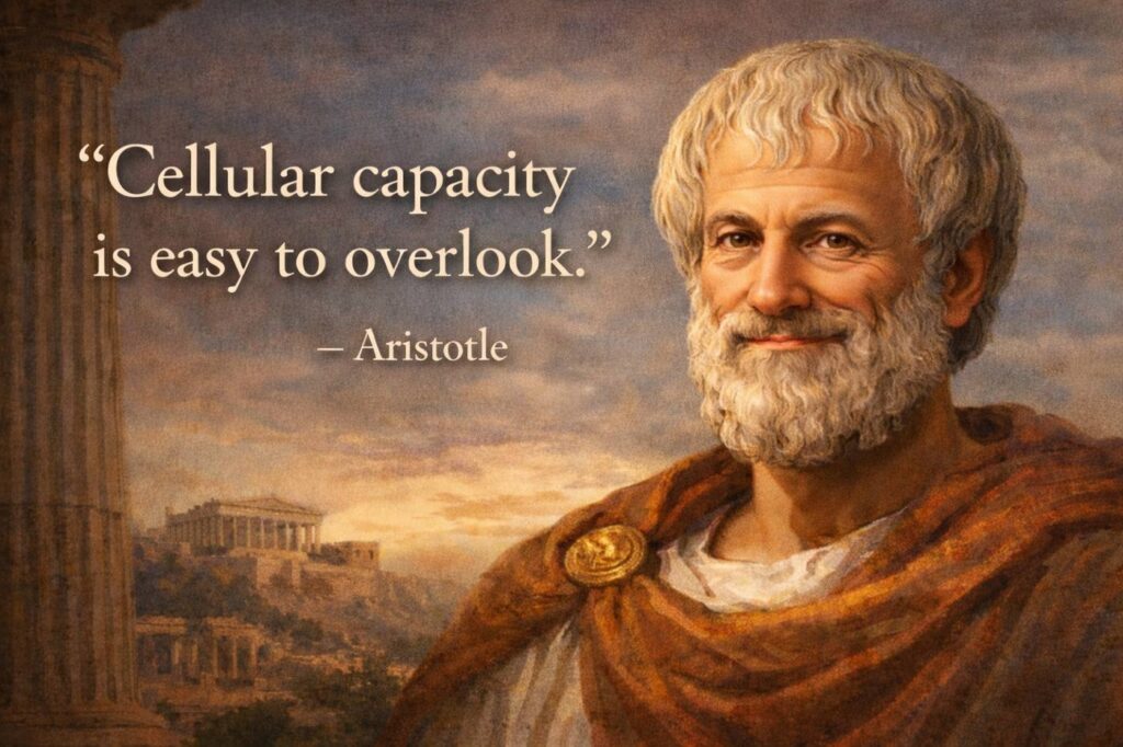 Aristotle quote “Cellular capacity is easy to overlook.” illustrating the reality that mitochondrial health is often overlooked.