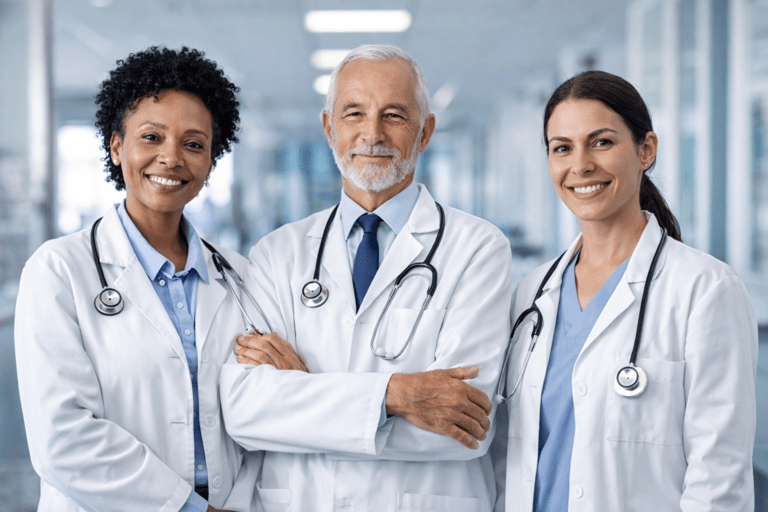 Three doctors in white coats standing in a bright hospital corridor, featured image for Doctors’ Day.