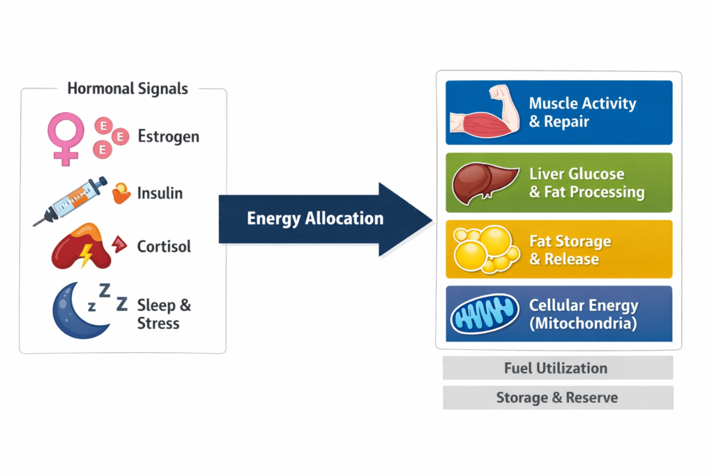 Diagram of hormones and mitochondria shaping metabolic flexibility – Mitozz, FMG Health Sciences