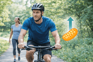 Photorealistic image of moderate exercise showing a person cycling on a forest path with a small mitochondria icon and upward arrow illustrating cellular adaptation and mitohormesis in the context of mitochondrial health, relevant to Mitozz by FMG Health Sciences and research involving (-)-epicatechin.