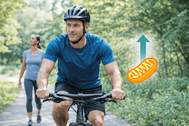 Photorealistic image of moderate exercise showing a person cycling on a forest path with a small mitochondria icon and upward arrow illustrating cellular adaptation and mitohormesis in the context of mitochondrial health, relevant to Mitozz by FMG Health Sciences and research involving (-)-epicatechin.