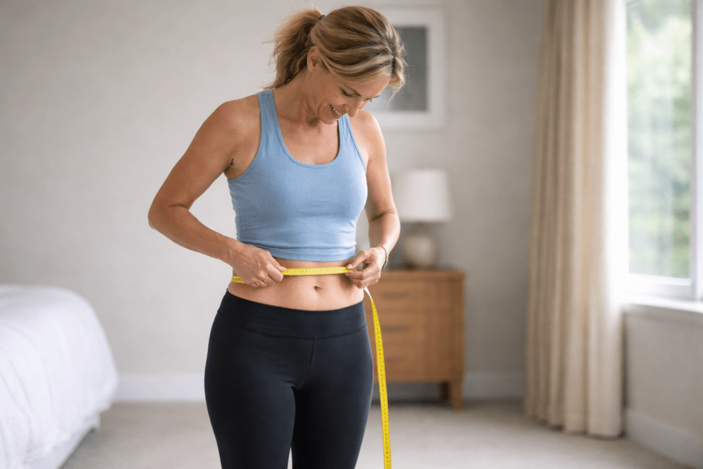 Photorealistic image of an active midlife woman measuring her waist circumference with a tape measure in a softly lit bedroom, wearing athletic clothing, natural light, landscape composition, suitable for health and metabolic wellness context, Mitozz, FMG Health Sciences, (-)-epicatechin