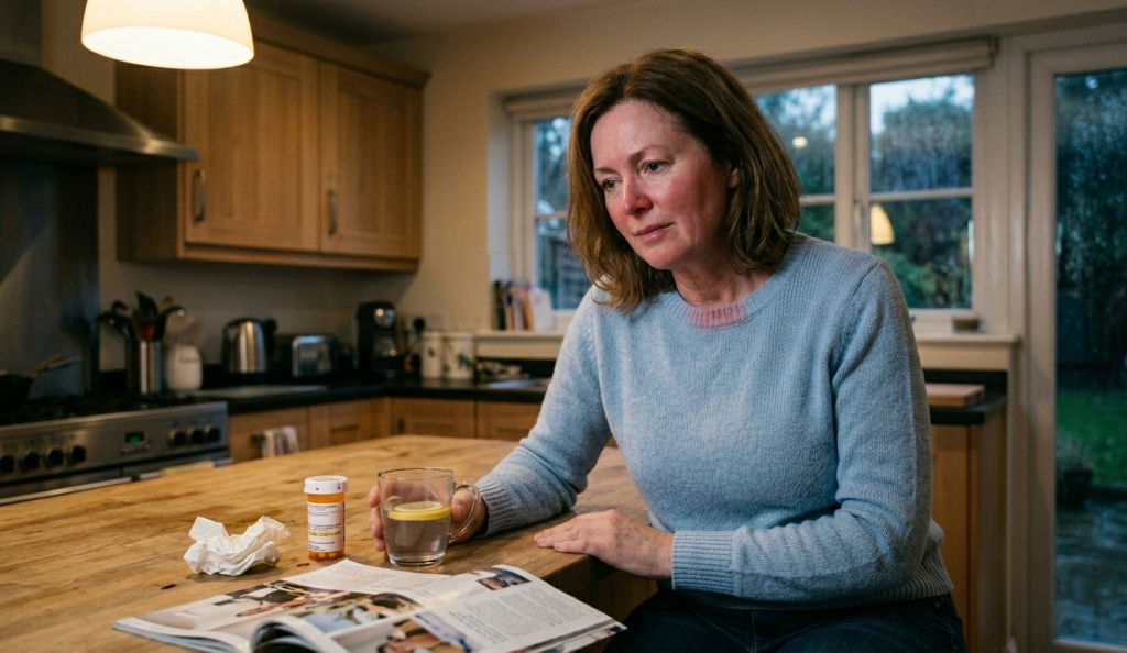 Middle-aged woman sitting at a kitchen table holding a warm drink, appearing tired and reflective, representing perimenopause symptoms and interest in Mitozz nutraceutical support by FMG Health Sciences