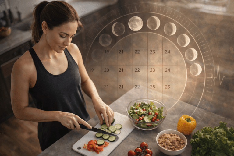Photorealistic image of a woman preparing a healthy meal in a modern kitchen while a prominent translucent calendar and lunar phase motif overlays the scene, symbolizing menstrual cycle timing and daily metabolism variability.