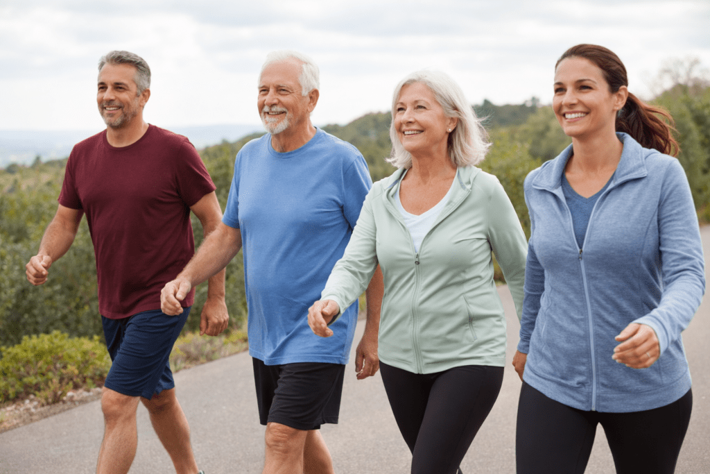 Mitozz photo of mixed-age adults walking briskly outdoors to support health and energy on Doctors' Day
