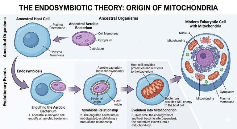A scientific infographic titled "The Endosymbiotic Theory: Origin of Mitochondria," illustrating the evolutionary transition of a free-living bacterium into a cellular organelle.