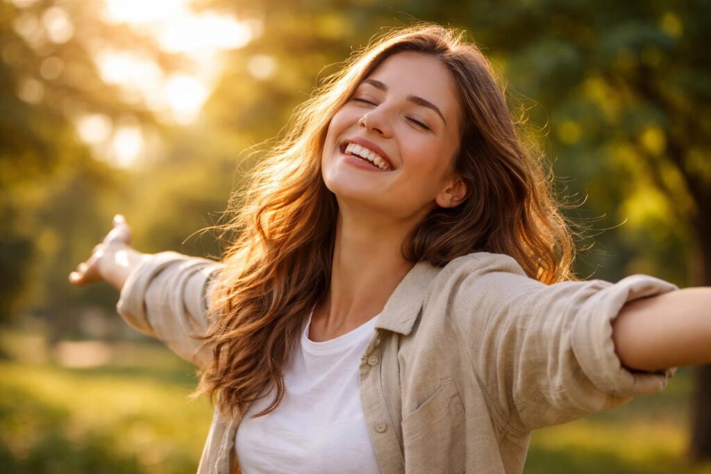 Happy woman smiling with arms open in sunlight, representing the connection between cellular capacity and happiness through energy, resilience, and mitochondrial health in a Mitozz article by FMG Health Sciences discussing (-)-epicatechin.