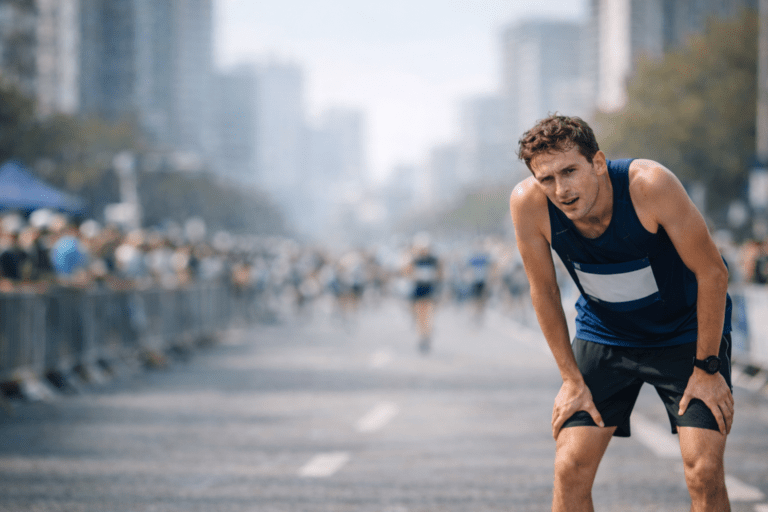 exhausted marathon runner resting with hands on thighs during race, showing fatigue and endurance limits of mitochondria