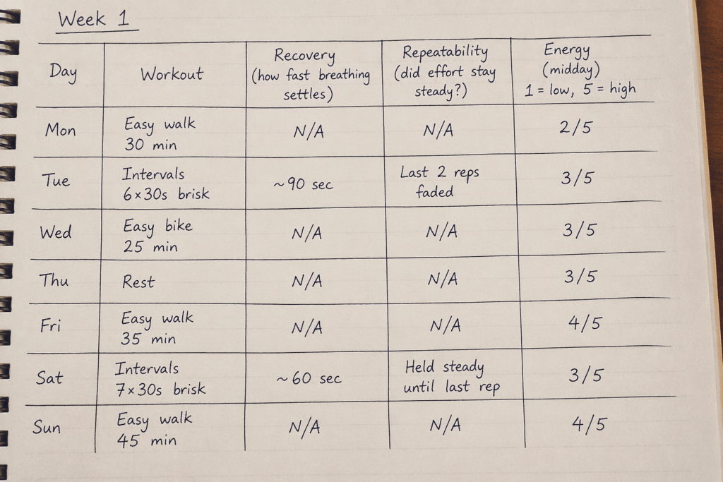 Handwritten Week 1 mitochondrial progress journal in a notebook, tracking workouts, breathing recovery, repeatability, and midday energy, FMG Health Sciences.