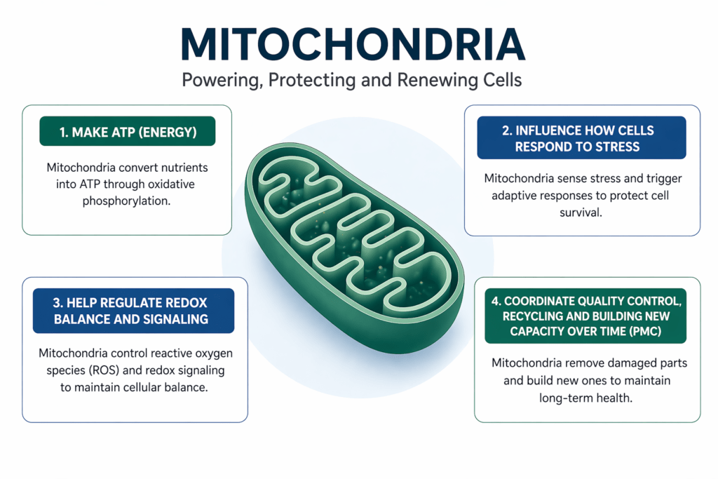 Mitozz clean scientific diagram of mitochondria showing ATP production, cellular stress response, redox balance and signaling, and mitochondrial quality control with simple labeled panels around a central mitochondrion illustration