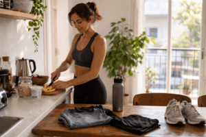 Photorealistic morning routine scene of a woman in her 30s preparing a healthy breakfast in a sunlit kitchen while workout clothes and sneakers are neatly arranged on a table, calm natural light, Mitozz