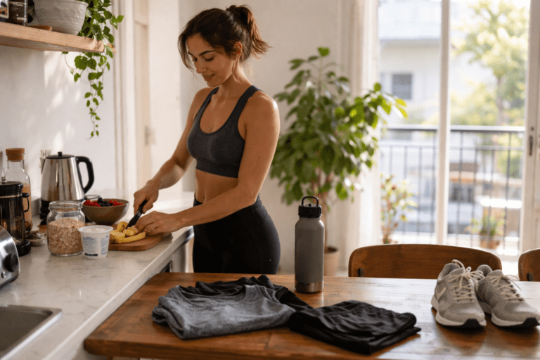Photorealistic morning routine scene of a woman in her 30s preparing a healthy breakfast in a sunlit kitchen while workout clothes and sneakers are neatly arranged on a table, calm natural light, Mitozz