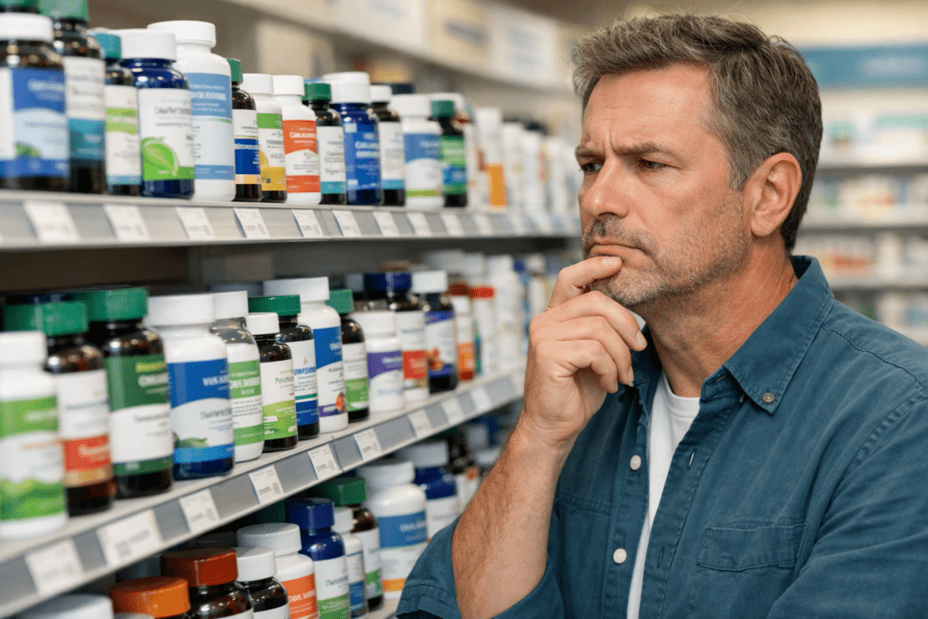 Middle-aged man in a pharmacy aisle looking thoughtfully at a shelf of food supplements, comparing bottles and struggling to decide which product to choose, realistic setting with natural lighting - Mitozz
