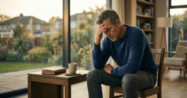 A middle-aged man sitting on a wooden chair in a living room, looking weary with his hand on his forehead, illustrating the physical and mental fatigue associated with age-related energy decline.