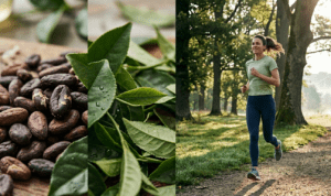A three-panel split-screen image showing raw cacao beans on the left, fresh green tea leaves in the center, and a woman jogging through a sunlit park on the right, representing the natural sources of epicatechin and its benefits for healthy aging and vitality.