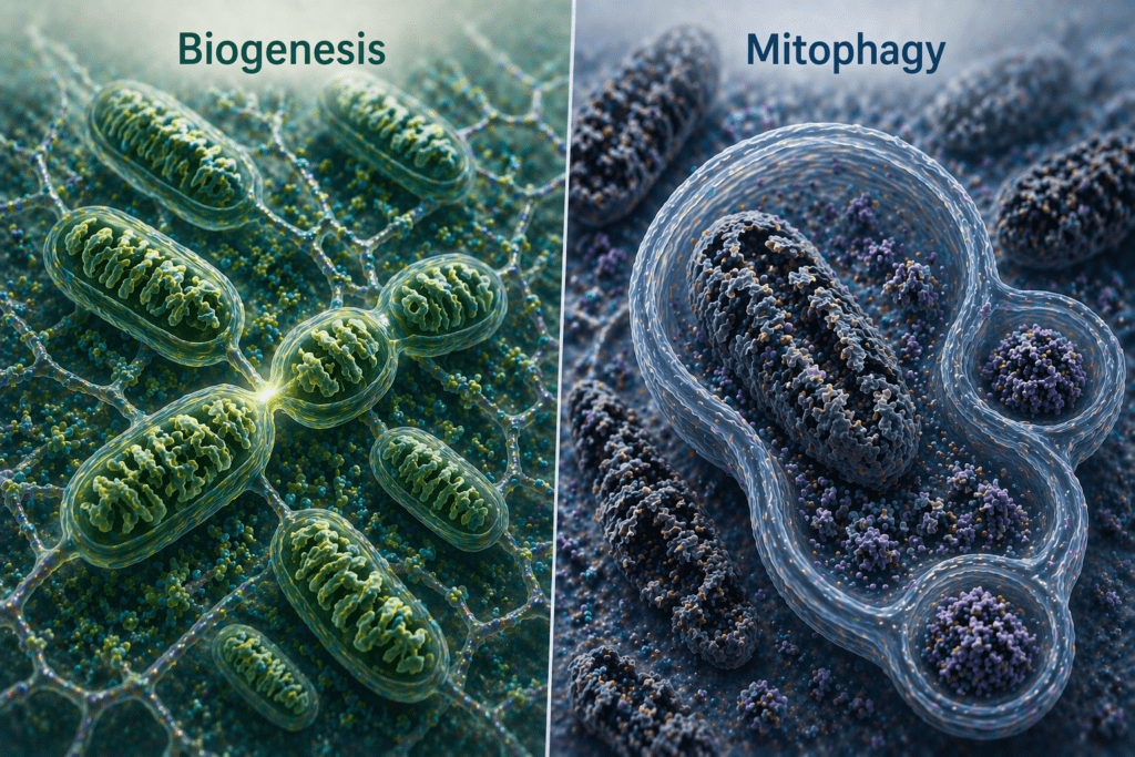 Illustration of mitochondrial biogenesis and mitophagy showing mitochondrial division and damaged mitochondria removal to improve mitochondria Mitozz