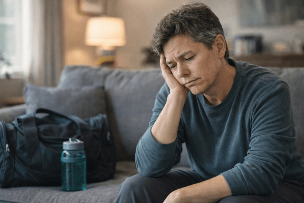 Photorealistic image of a tired adult experiencing afternoon fatigue and brain fog at home after a workout, illustrating mitochondrial health and low energy recovery — Mitozz