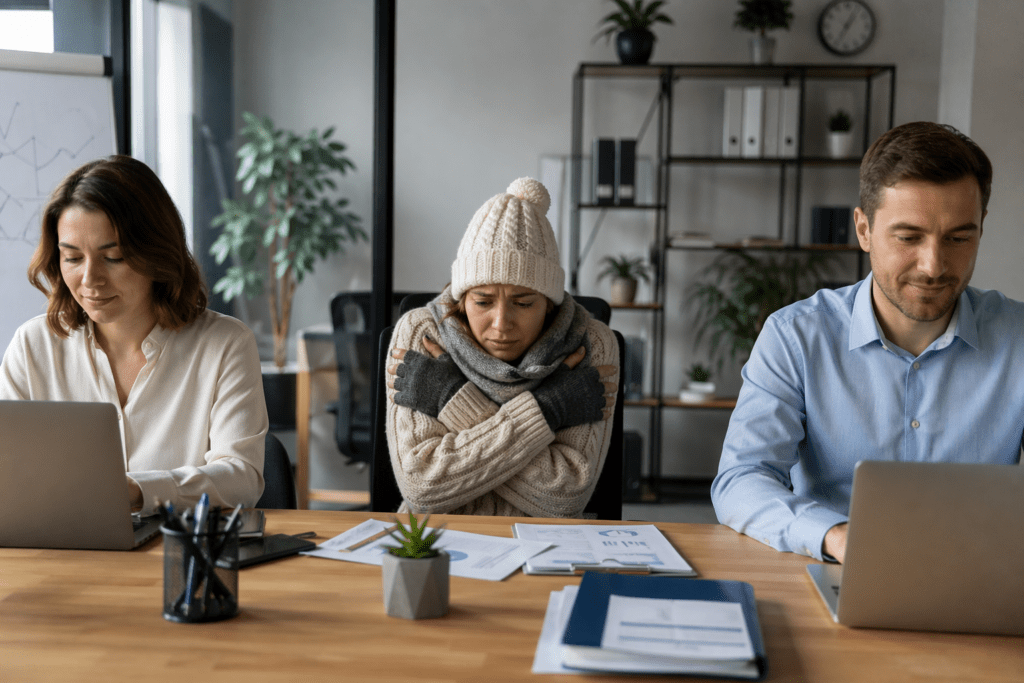 Person feeling cold indoors while others are comfortable, cold intolerance explained by FMG Health Sciences and Mitozz