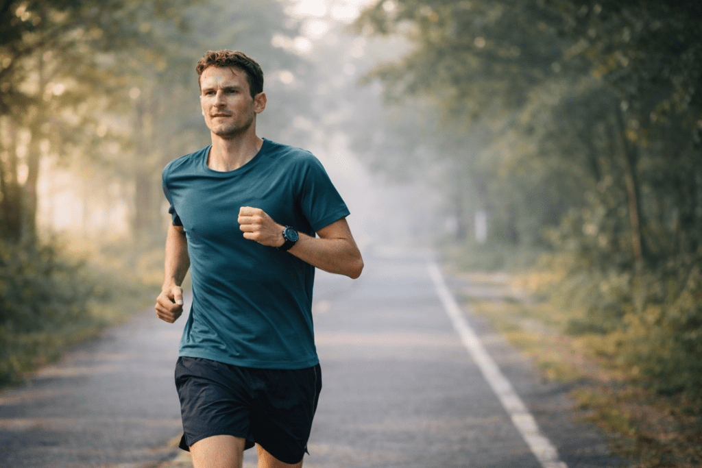 runner on early morning easy run building mitochondrial content and oxidative capacity