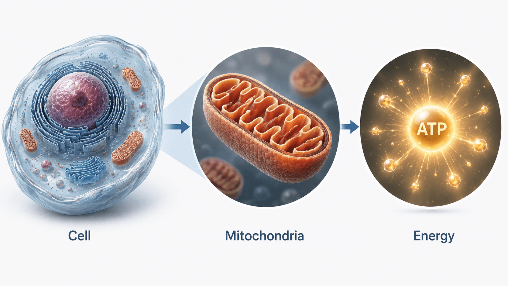 Cell energy production diagram showing mitochondria converting nutrients into ATP