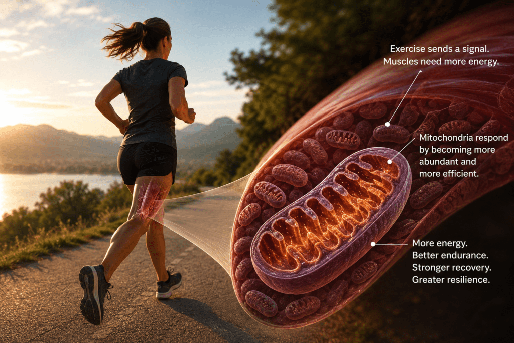 Diagram showing how exercise signaling may support mitochondrial biogenesis and cellular energy.