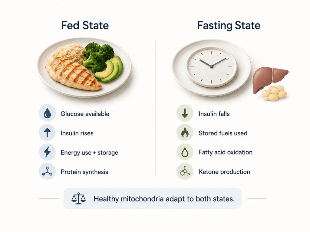 Simple comparison of the fed state and fasting state, showing how nutrients support glucose availability, insulin rise, energy storage, and protein synthesis after eating, while fasting supports stored fuel use, fatty acid oxidation, and ketone production.