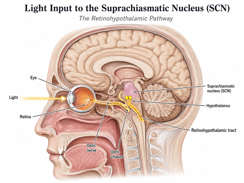 Medical illustration showing light entering the eye and traveling from the retina through the optic nerve and optic chiasm to the suprachiasmatic nucleus, SCN, in the hypothalamus, highlighting the retinohypothalamic pathway involved in circadian rhythm signaling, Mitozz, FMG Health Sciences, (-)-epicatechin.
