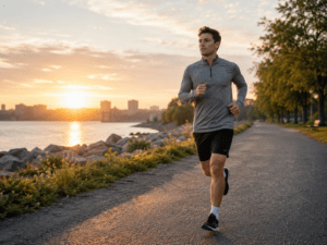 An active individual running outdoors at sunrise, representing healthy lifestyle habits and mitochondrial health supported by Mitozz.