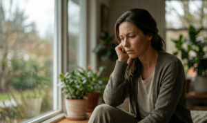 A woman looking down in deep reflection near a window, illustrating the biological connection between chronic stress, mental health, and mitochondrial bioenergetics.