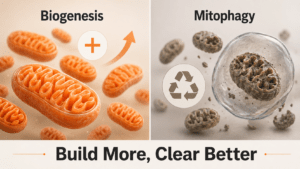 Two-panel Mitozz illustration showing mitochondrial biogenesis with healthy mitochondria and mitophagy with worn mitochondria being recycled.