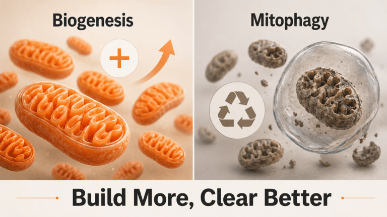 Two-panel Mitozz illustration showing mitochondrial biogenesis with healthy mitochondria and mitophagy with worn mitochondria being recycled.