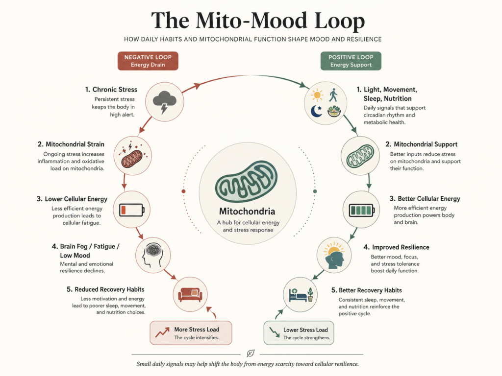 Diagram showing how stress, sleep disruption, oxidative stress, and inflammation may affect mitochondrial health, brain energy, mood, and emotional resilience