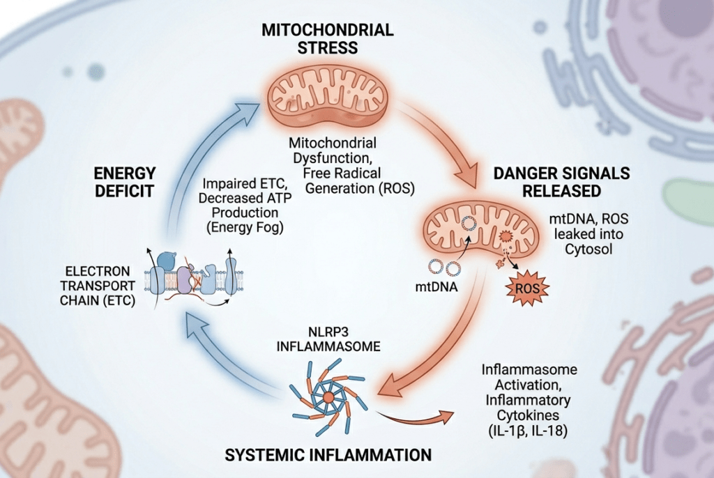 A medical diagram in an editorial science style illustrating the self-perpetuating feedback loop between mitochondria and inflammation. The circular path shows how "MITOCHONDRIAL STRESS" and the release of mtDNA/ROS danger signals trigger the NLRP3 inflammasome and "SYSTEMIC INFLAMMATION." This inflammation causes an "ENERGY DEFICIT" via an impaired Electron Transport Chain, which then creates further mitochondrial stress, repeating the cycle.