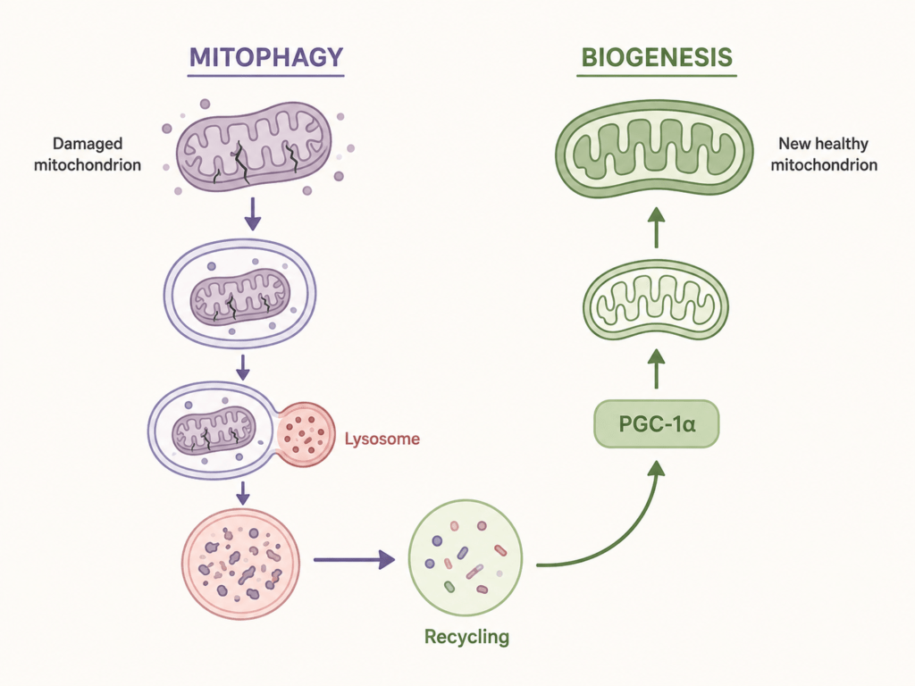 Diagram showing mitophagy as the process of identifying and recycling damaged mitochondria.