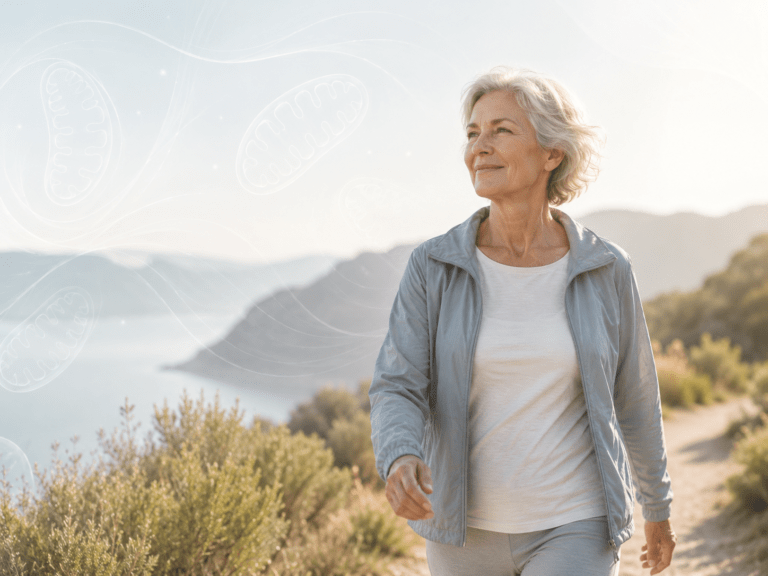 Older adult walking outdoors with a subtle mitochondrial motif, representing healthy aging, cellular energy, and longevity for Mitozz by FMG Health Sciences.