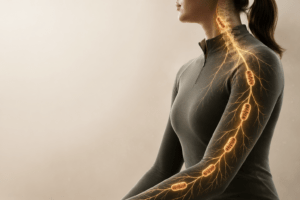 Satellite glial cells transferring mitochondria to a sensory neuron, illustrating mitochondrial support, nerve health, and cellular resilience for Mitozz by FMG Health Sciences.